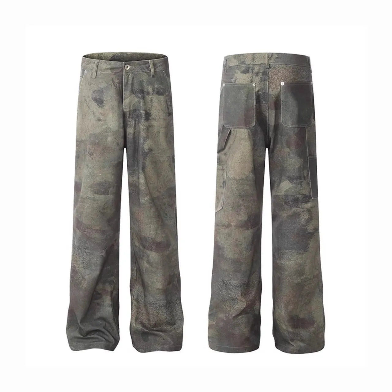 Men's straight-cut camouflage print denim jeans on a white background.