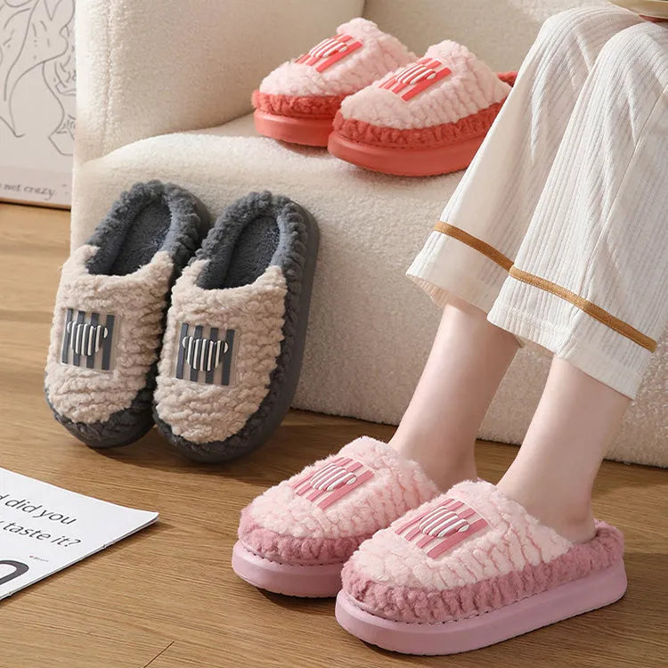 Lamb wool non-slip indoor slippers for couples in winter, thick sole with car stitching