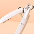 White LED pet nail clippers for cats and dogs with open transparent safety guard and nail file.