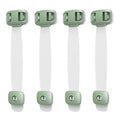 Grey and green adjustable strap child safety locks for cabinets and drawers with adhesive backing.