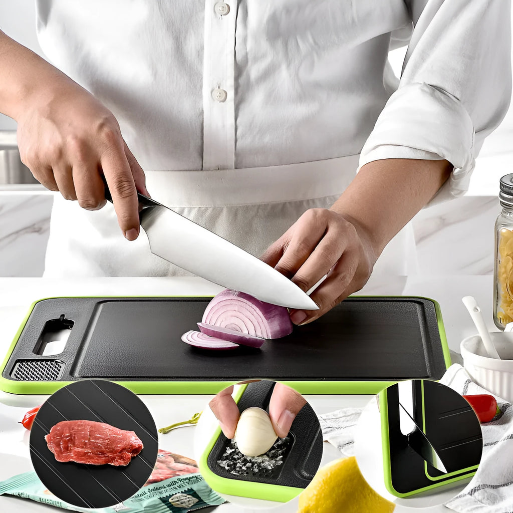 Grey square aluminium cutting board with integrated knife sharpener and grinding teeth
