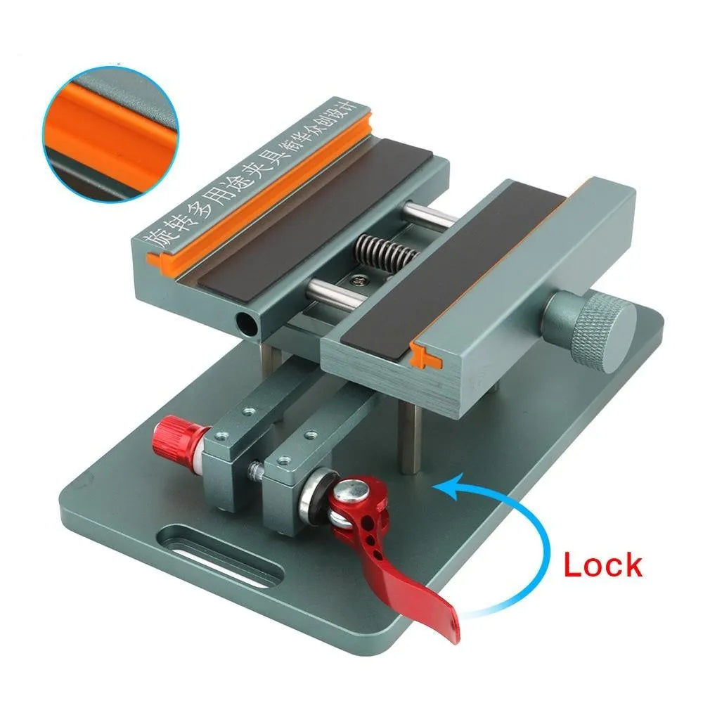 Mobile phone repair fixture with adjustable clamp and silicone grip for glass removal