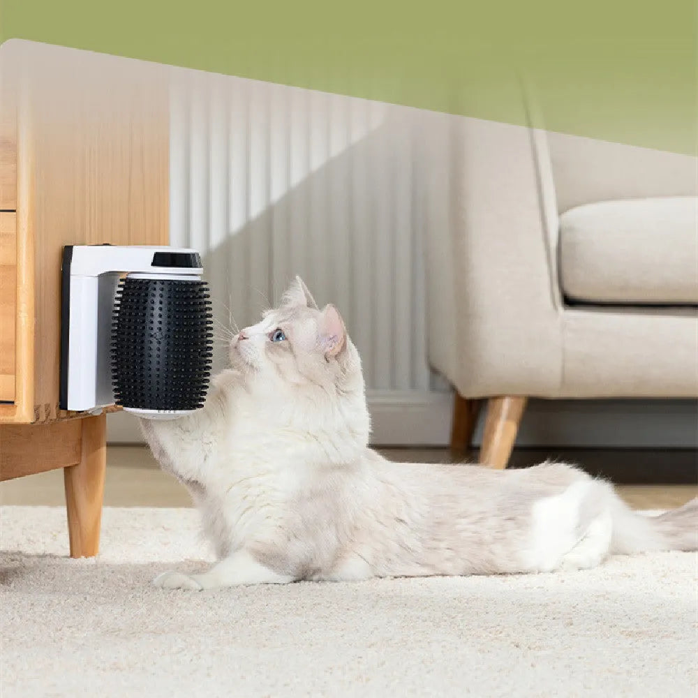 White automatic cat self groomer with silicone bristles mounted in wall corner
