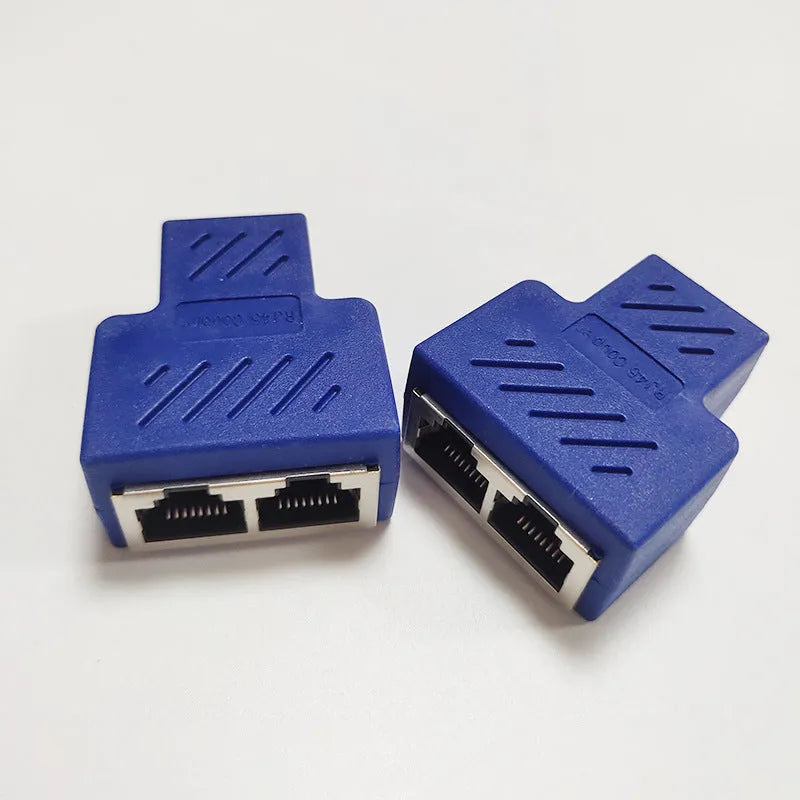 RJ45 network splitter adapter in multiple colours showing one-to-two Ethernet connection