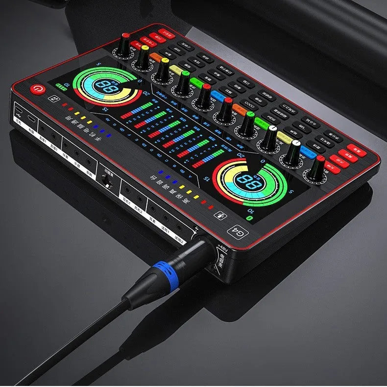 G4 professional singing sound card set with LCD display, microphone, and remote control on a desk.