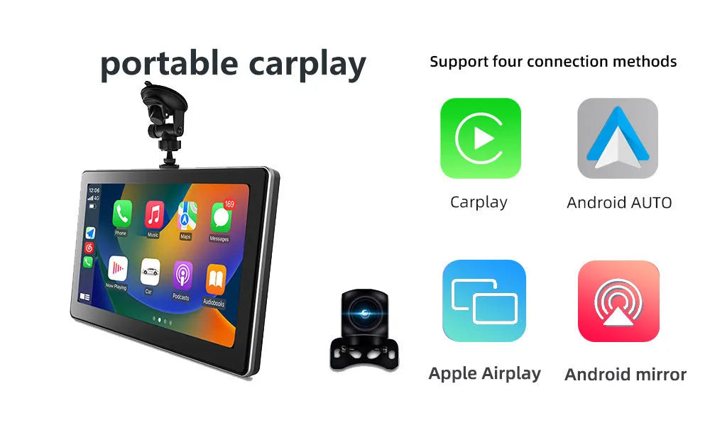 Black 7-inch wireless CarPlay projection car dashcam on a windscreen