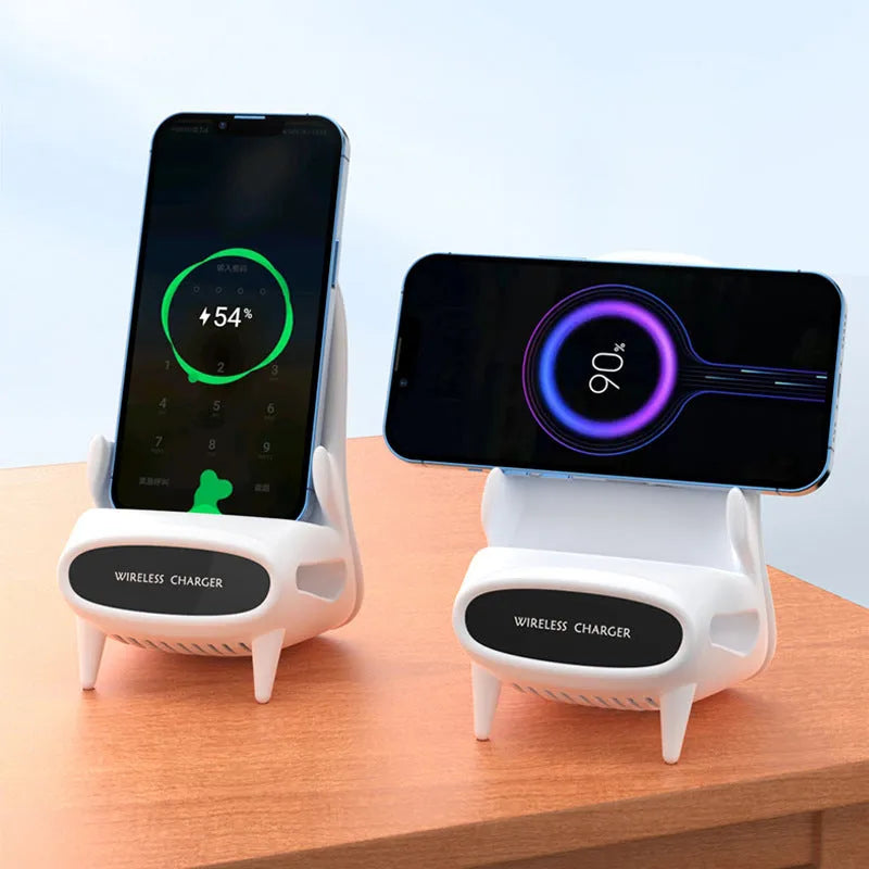 White mini chair shaped wireless charging stand holding a mobile phone at an angle