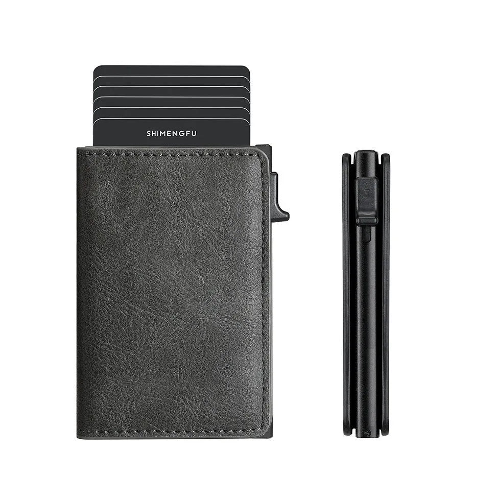 Pop-up aluminium alloy RFID blocking card wallet in retro PU leather, black colour option
