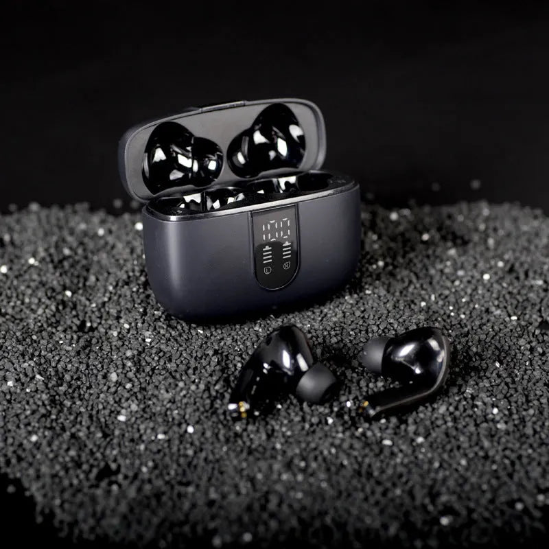 Jerry X08 wireless in-ear headphones with digital display and USB charging case in black, grey, or white.