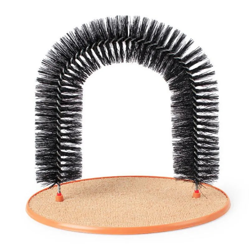White plastic arched cat grooming toy with a built-in brush for scratching and rubbing.