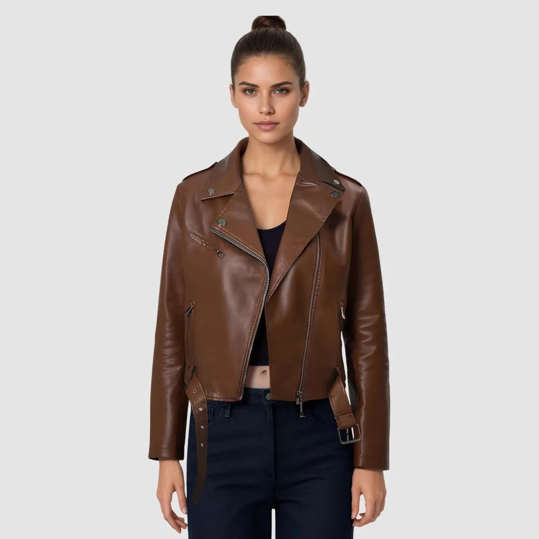 Women's black PU leather motorcycle jacket with a lapel and waist belt.