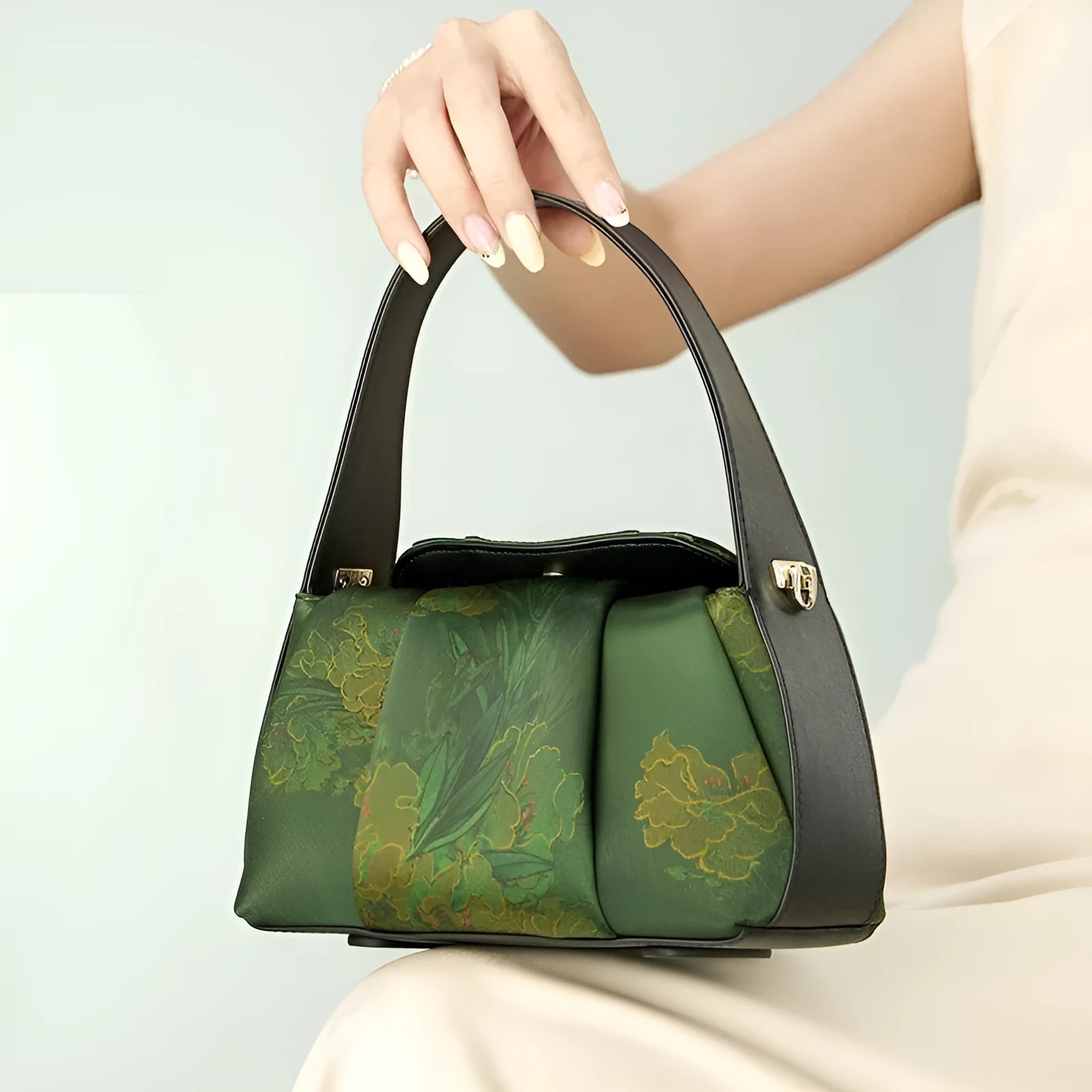 New Chinese style silk hand-held crossbody bag with Xiangyun yarn print in dark green