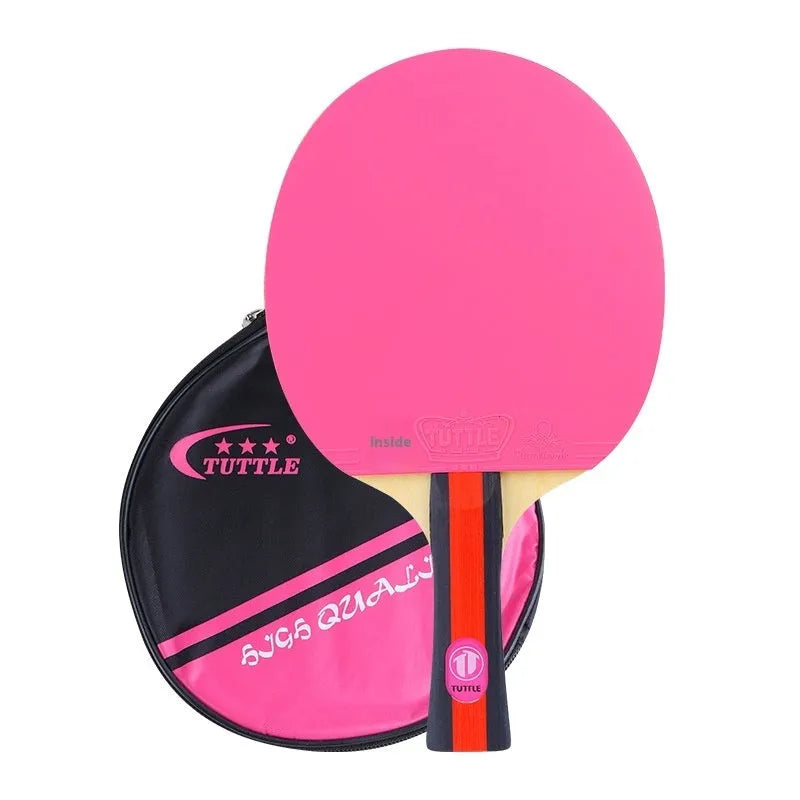 A pink pure wood table tennis racket with a long shakehand grip handle next to its matching protective cover.