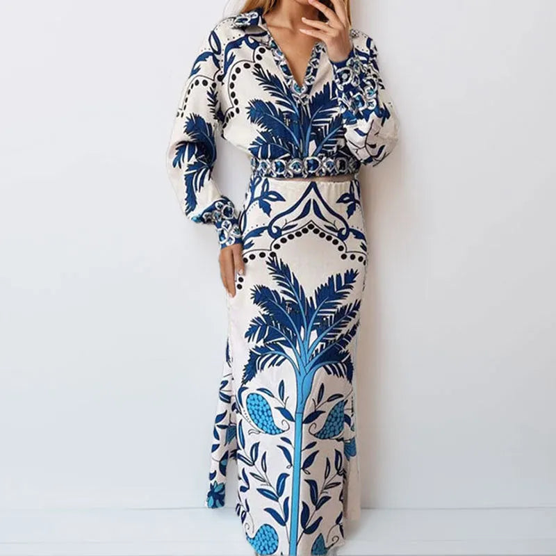 Women's early spring flower print two-piece co-ord set with long sleeves and long skirt