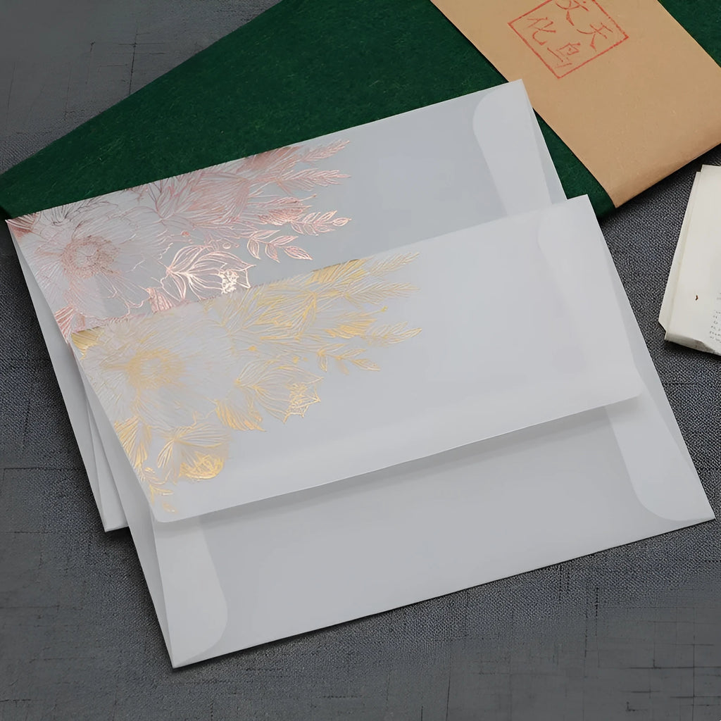 Sulphuric acid paper invitation cards with bronzing matte varnish in gold and rose gold colours
