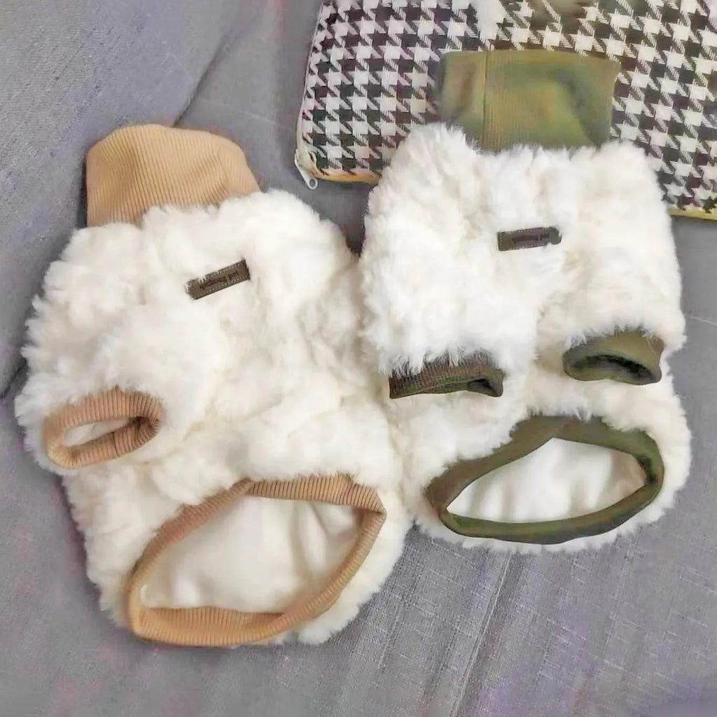 Creamy green turtleneck plush dog coat on small breed with detailed sizing chart showing chest and back measurements.