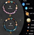 Set of two natural stone beaded bracelets with different zodiac sign charms on elastic cords.