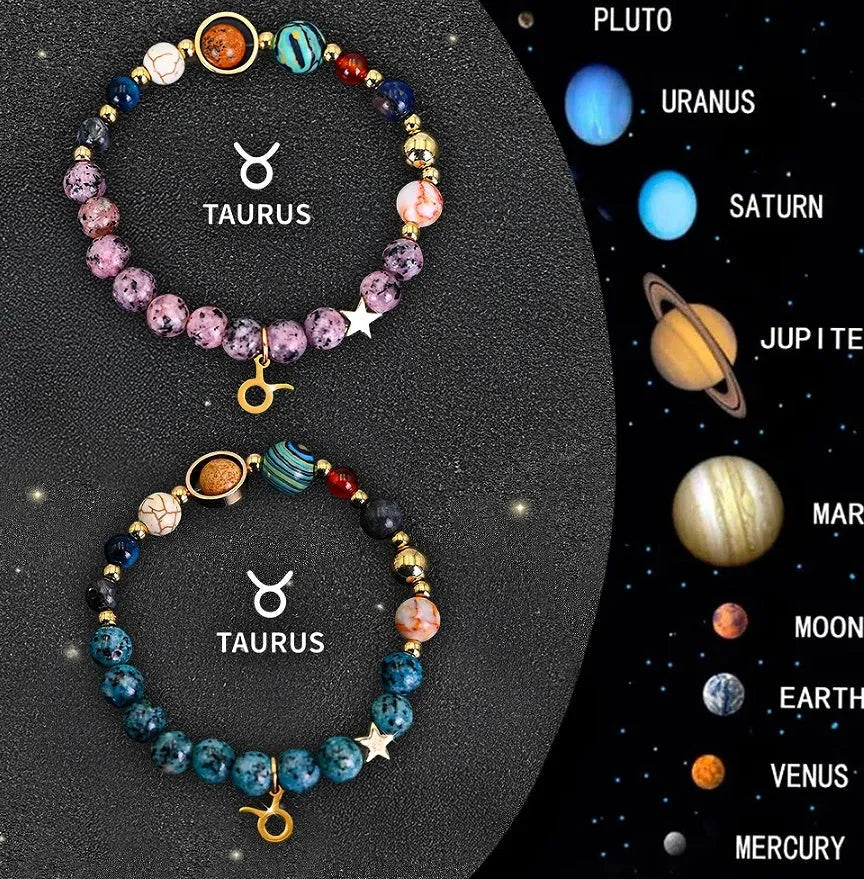Set of two natural stone beaded bracelets with different zodiac sign charms on elastic cords.