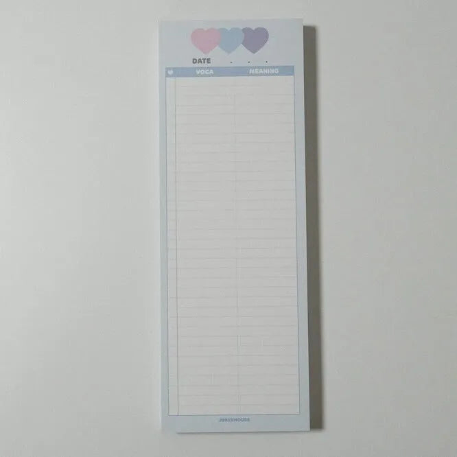 English words notepad with vertical format and blue cover showing B5 half size dimensions