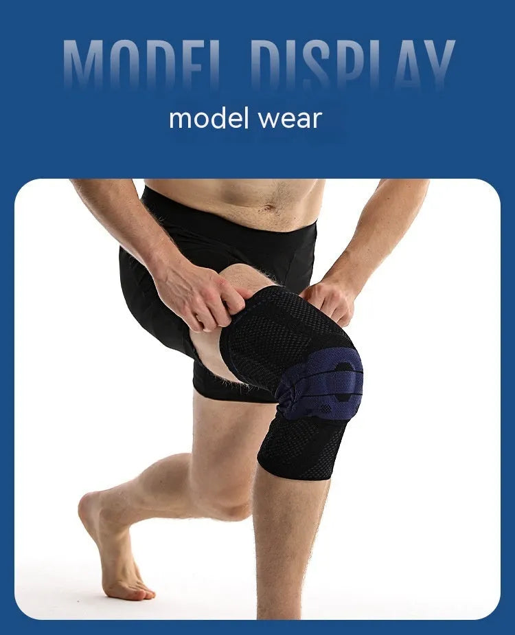 Adult sports knee pads in black and blue, made from nylon and spandex for basketball and running.