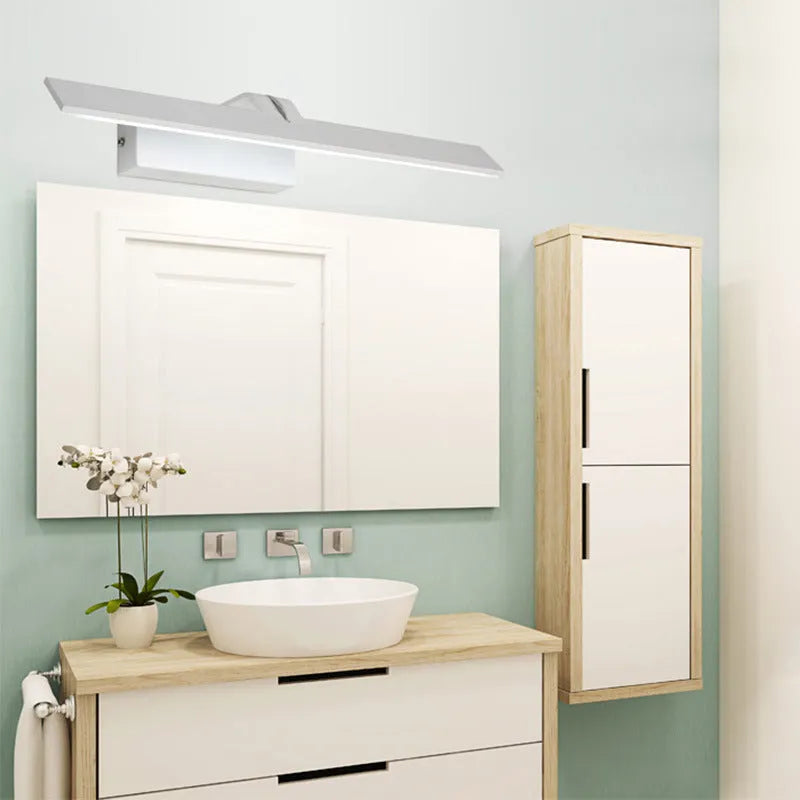 White rectangular LED bathroom mirror headlight showing three colour lighting options.