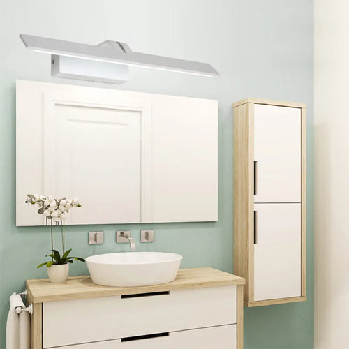 White rectangular LED bathroom mirror headlight showing three colour lighting options.