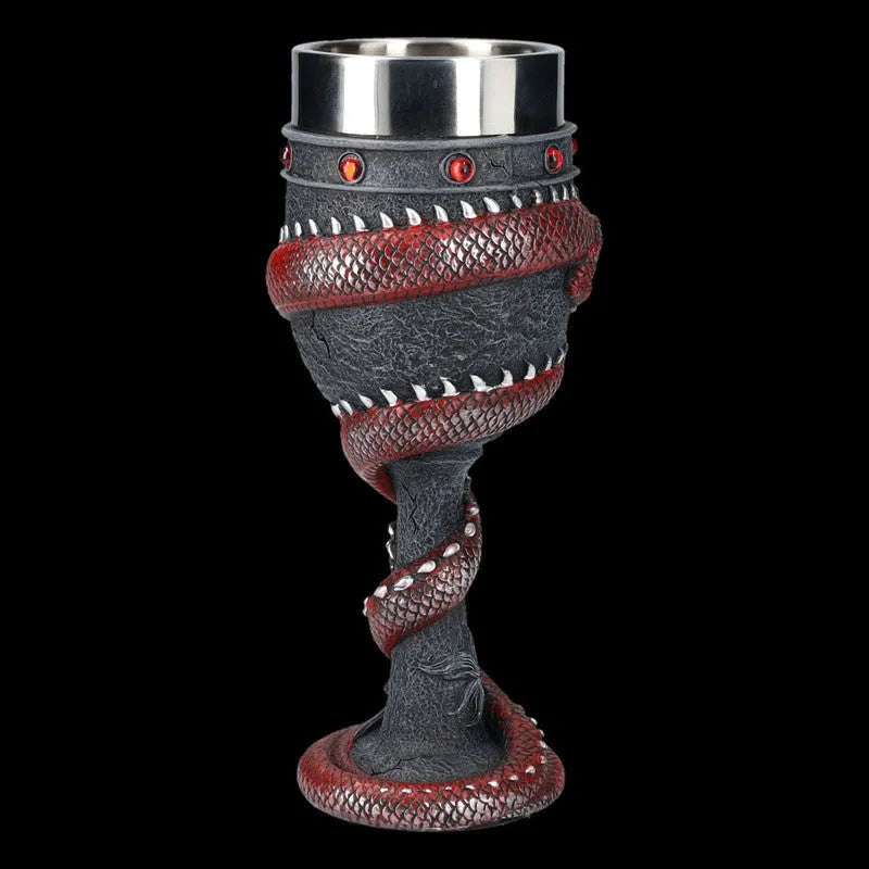 Red wine glass with a detailed gold Chinese dragon 3D design on a stainless steel and resin body.