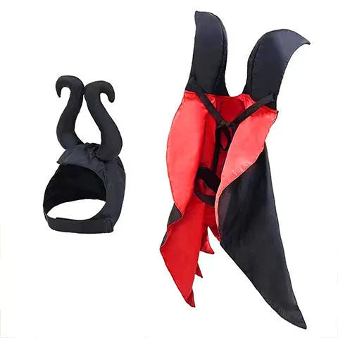 Halloween pet devil costume with bat cloak and pointed hat in red or purple colour options