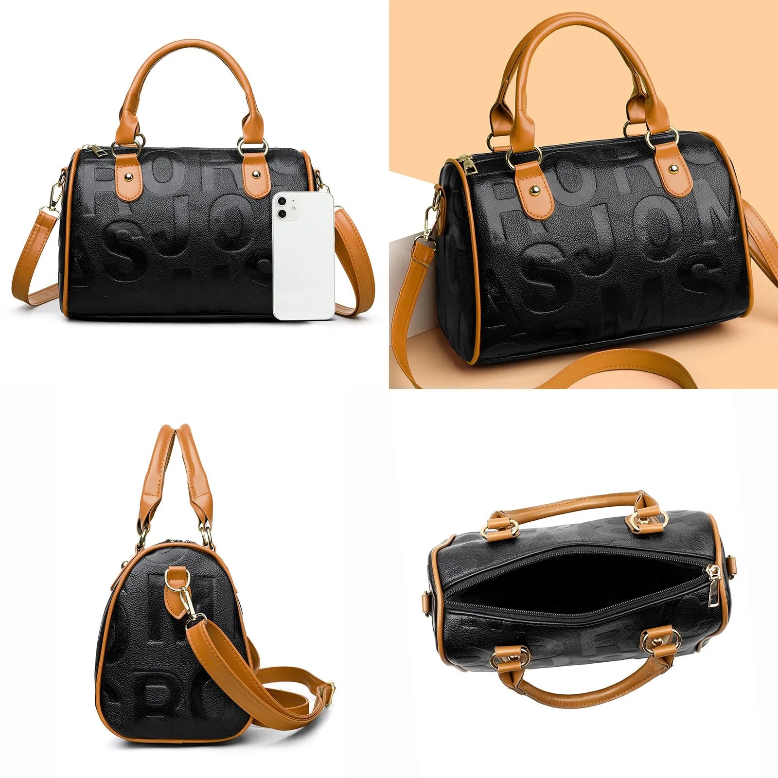 Brown cylindrical crossbody bag with three straps on a plain background