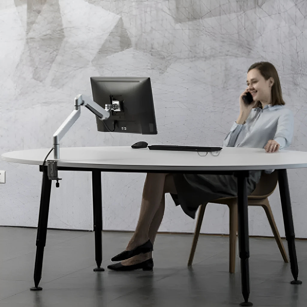Silver aluminium laptop stand with air pressure arm bracket and rotating platform