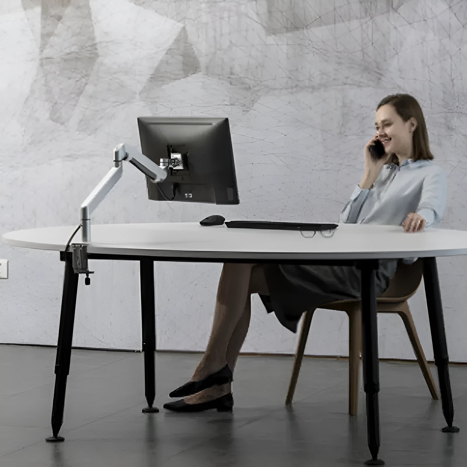 Silver aluminium laptop stand with air pressure arm bracket and rotating platform