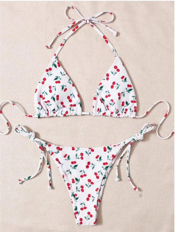 Holiday split halter bikini set in picture colour with backless briefs