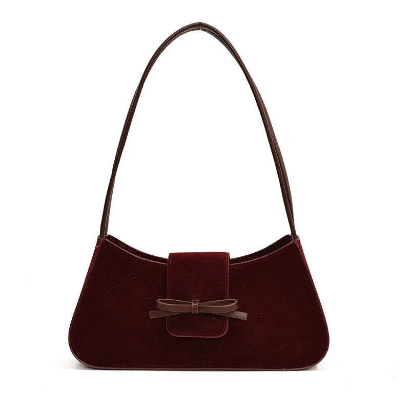 Women's retro PU leather horizontal rectangular shoulder bag with bow tie detail, available in Brown, Coffee, Anco Red, Black, 28x6.5x14cm