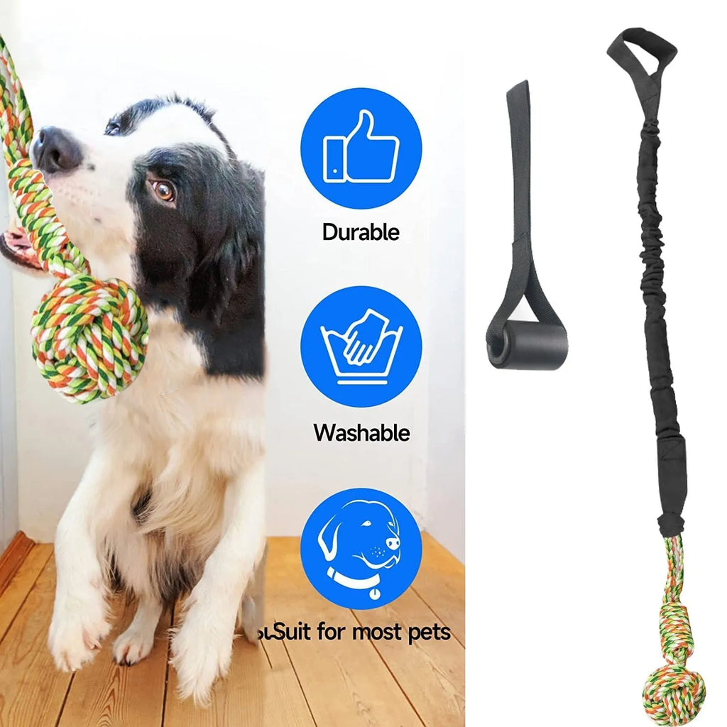 A twisted cotton rope dog toy for tug-of-war and chewing, shown in black, grey, or red.