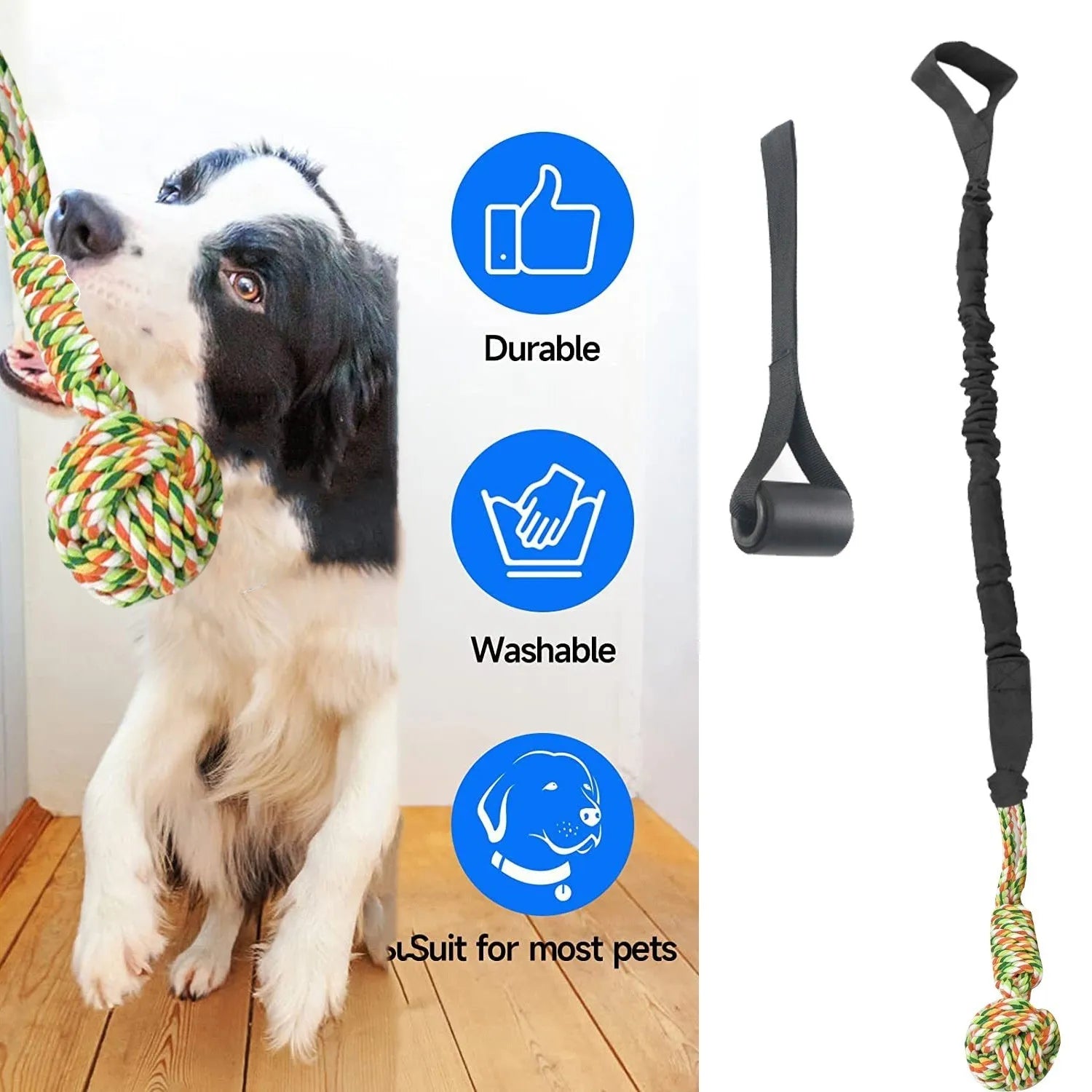 A twisted cotton rope dog toy for tug-of-war and chewing, shown in black, grey, or red.