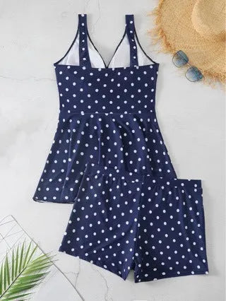 Blue polka dot print plus size women's bikini swimsuit with split skirt design