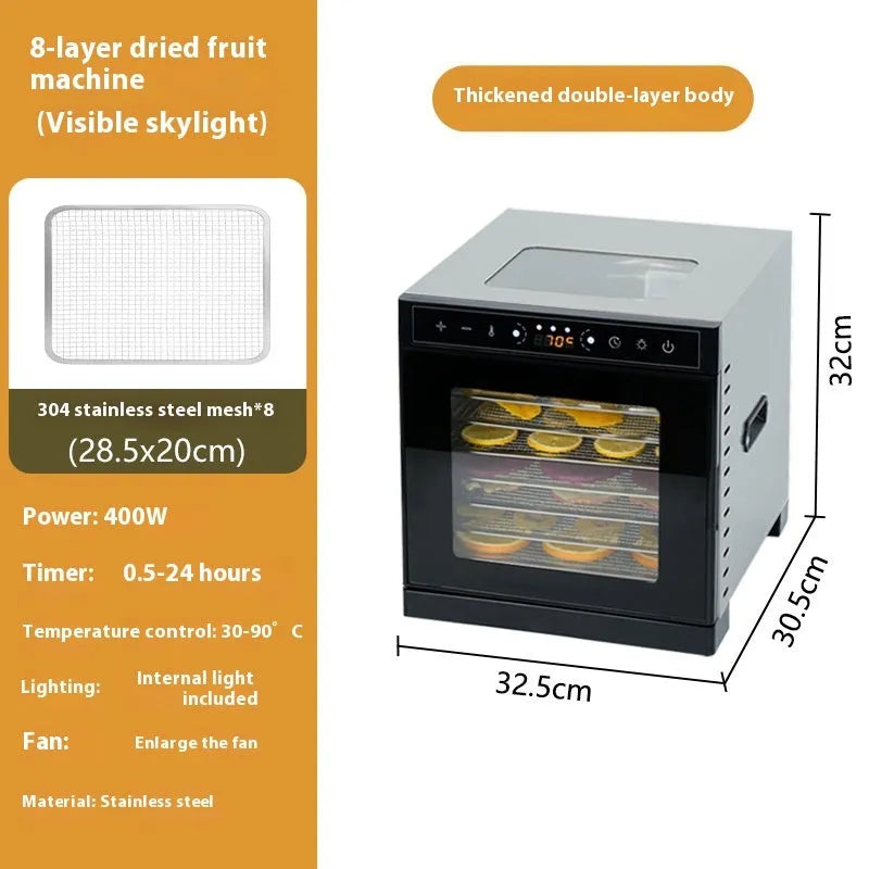 Stainless steel fruit dehydrator machine with clear viewing skylight and LED control panel