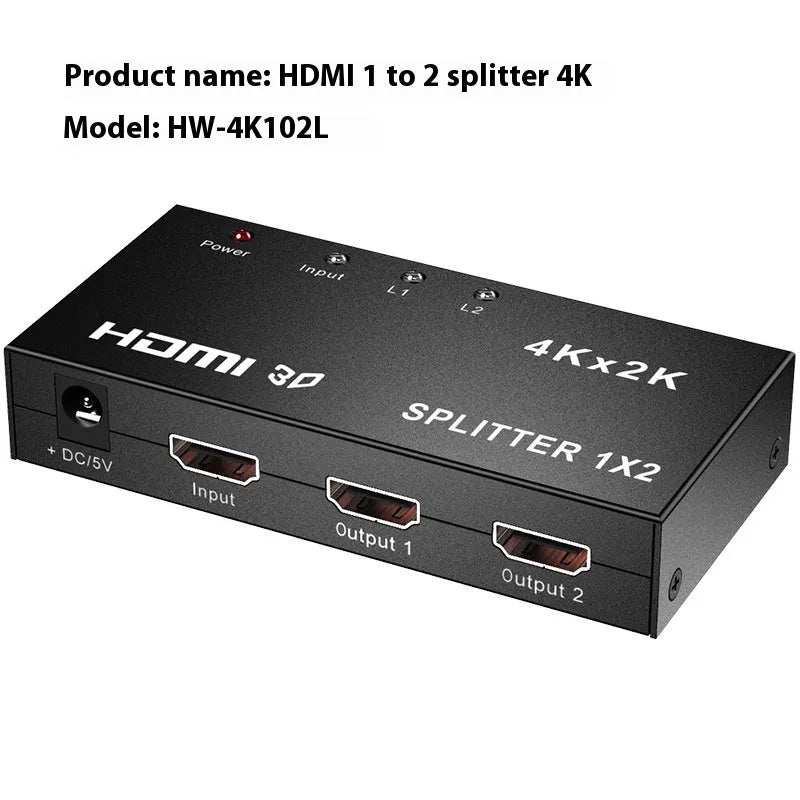 4K HDMI splitter device with one input and two output ports for dual display distribution