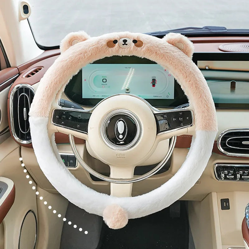 Plush cartoon steering wheel cover with rabbit fur embroidery, shown in bear design, for 38cm diameter wheels.