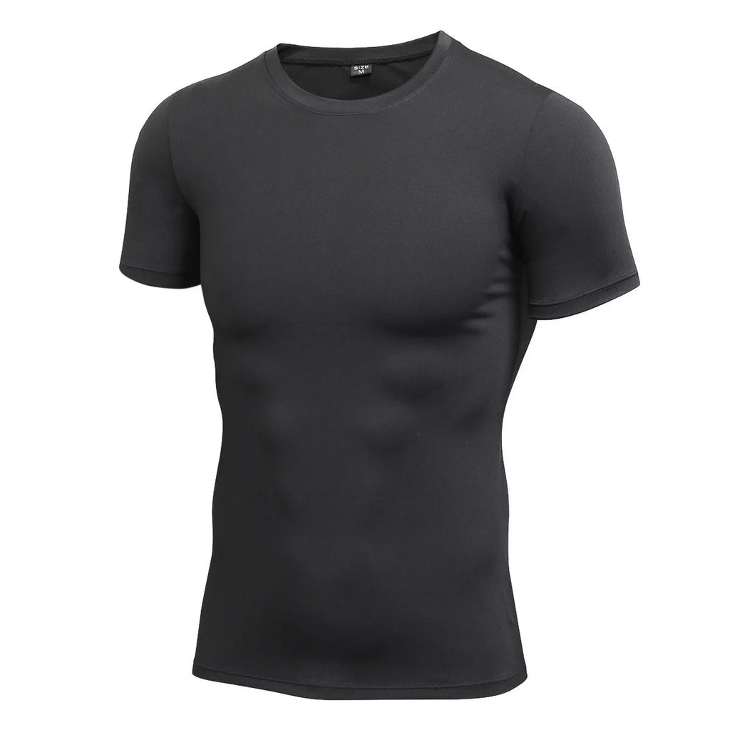 Men's solid colour stretch quick-dry short-sleeved fitness shirt in polyester fabric
