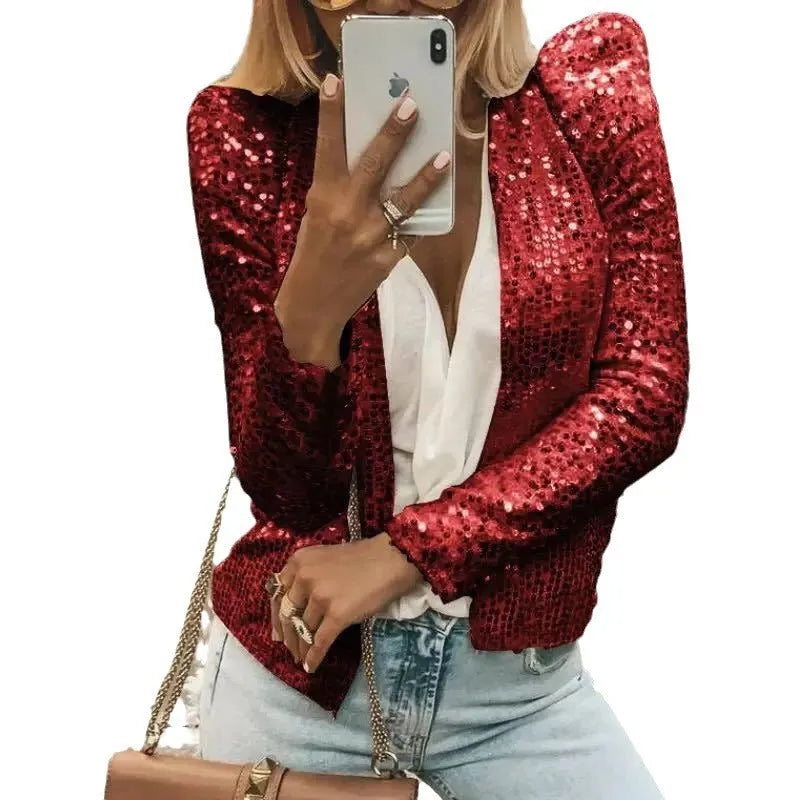 Short casual slim fit sequin coat for women in 50cm length with regular sleeves