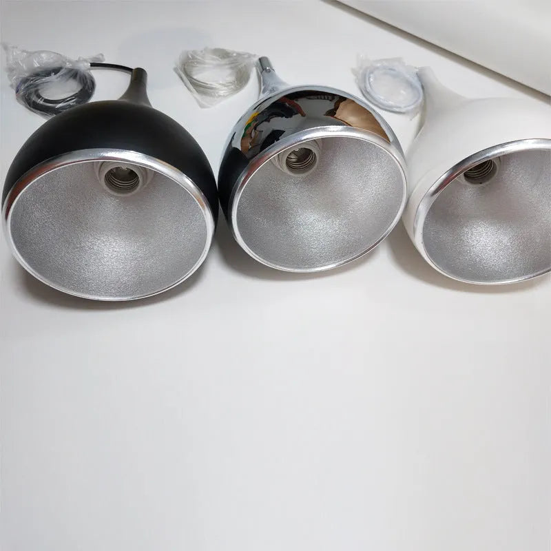 Iron restaurant chandelier ceiling lamp in black white or chrome finish with single or three head configuration