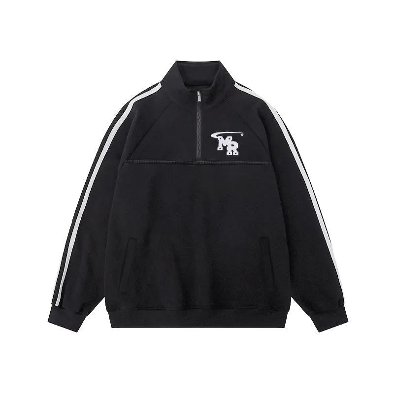 Black Hong Kong style polyester sweatshirt with stand collar design for sports and casual wear