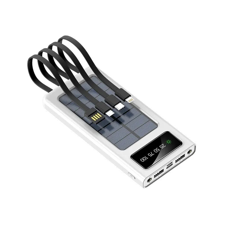 Black and white solar power bank with 20000 mAh capacity and charging cables