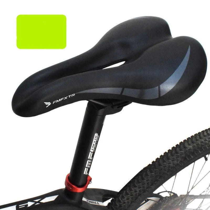Bicycle saddle cushion with hollow pattern, showing PU leather surface and attached L clamp ring.