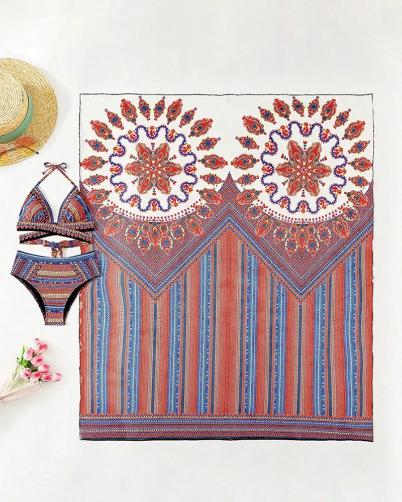 Women's three-piece swimsuit set showing high-waist briefs, a cutout blouse, and a matching coat in polyester.