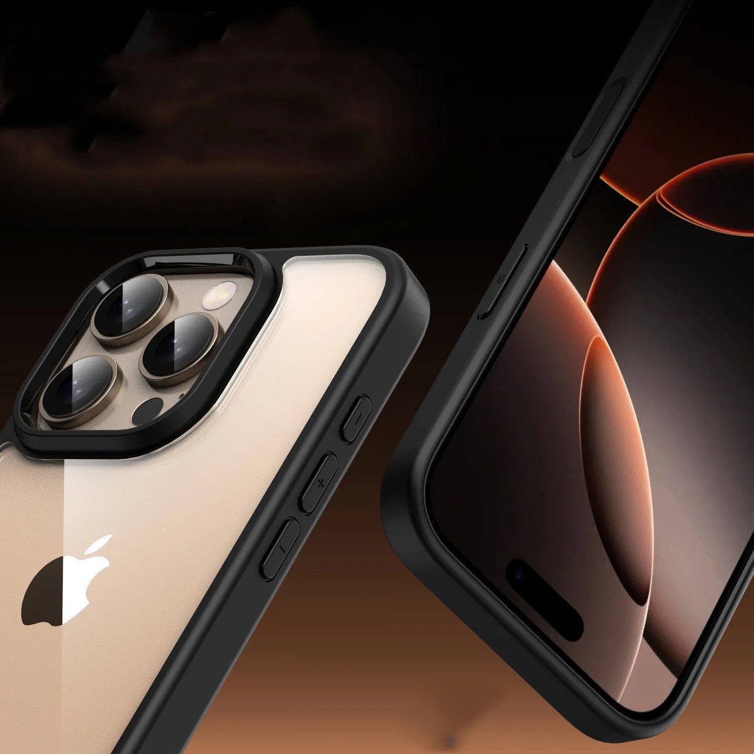 Transparent black magnetic phone case for iPhone 16 with airbag corners and integrated magnetic ring