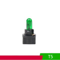 T5 12-volt 1.2-watt automotive indicator light bulb in six colours: red, blue, green, amber, yellow, purple.