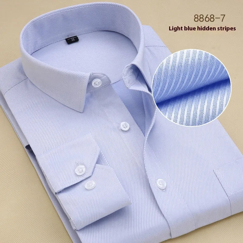 Men's black long-sleeve business slim-fit cotton shirt on a hanger