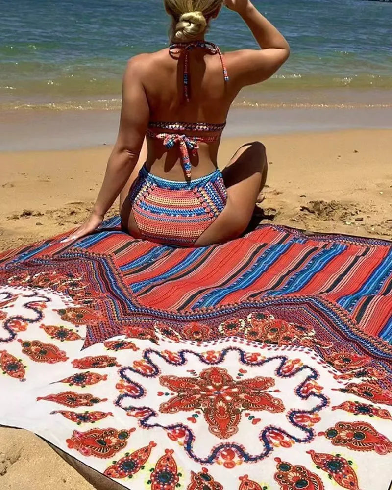 Women's three-piece swimsuit set showing high-waist briefs, a cutout blouse, and a matching coat in polyester.